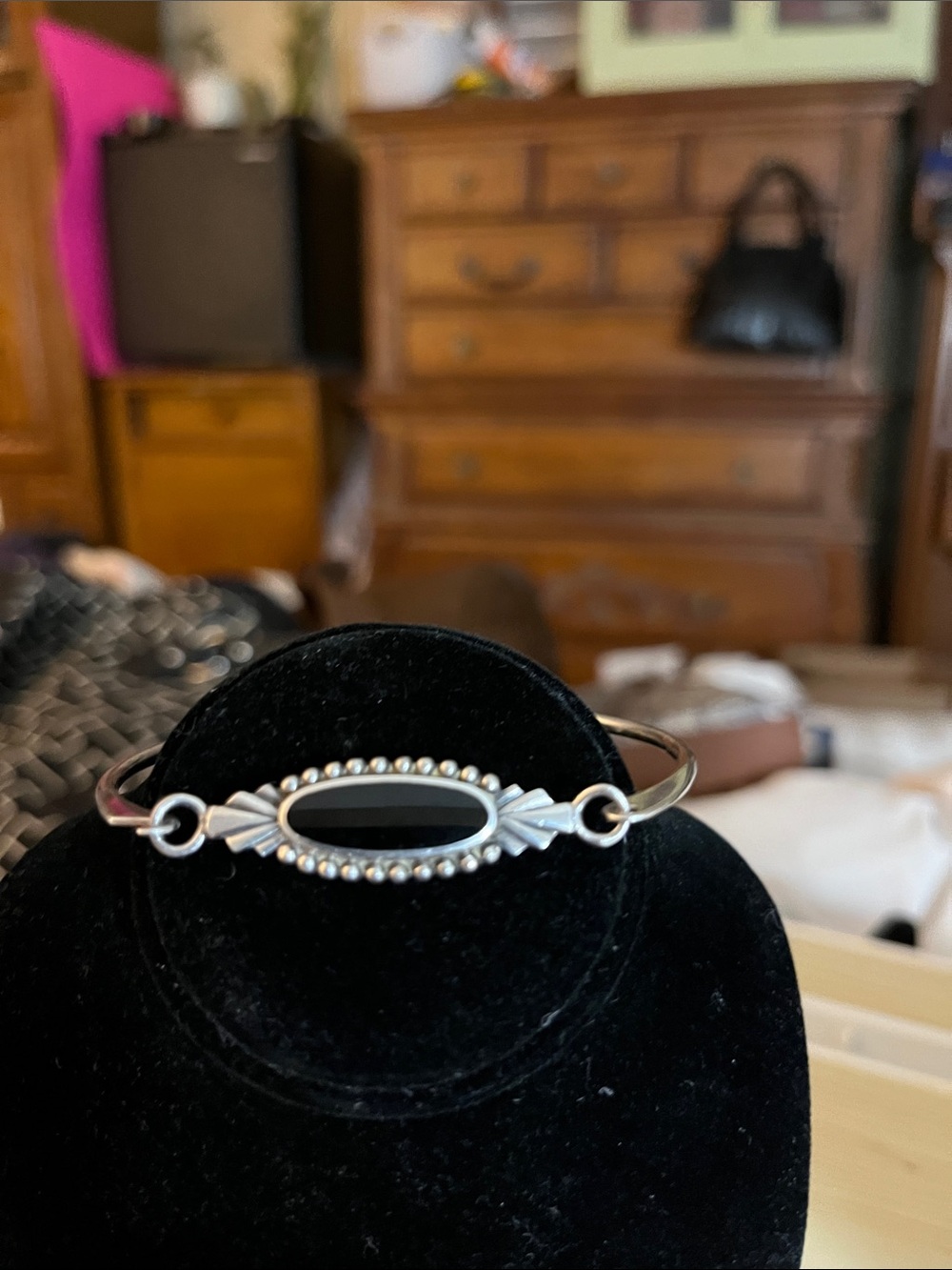 925 Sterling Silver and Black Onyx Oval Stone Women's Bangle Bracelet